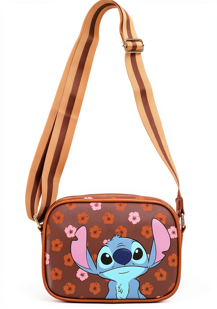 Disney Stitch crossbody bag showcasing the colorful Hawaiian floral design and adjustable strap