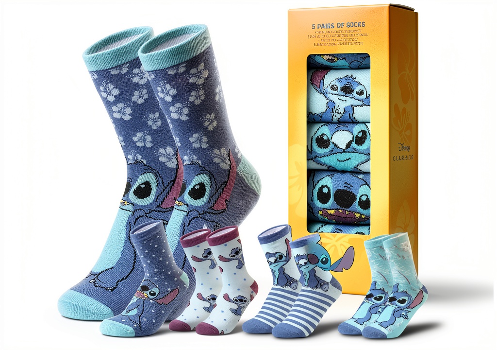 Disney character socks displayed in various colors and designs