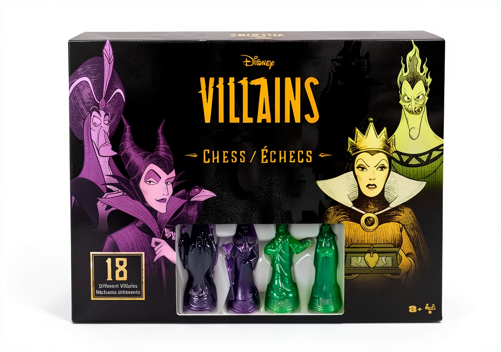 Disney Villains Chess Set with translucent pieces on a game board