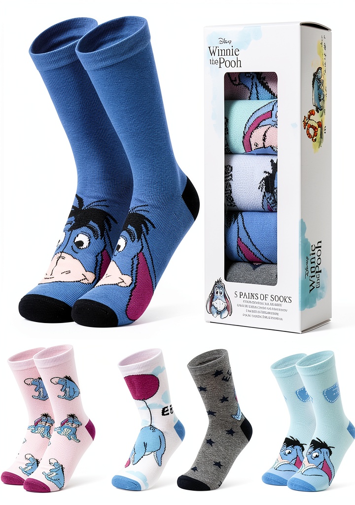 Disney character socks displayed in various colors and designs