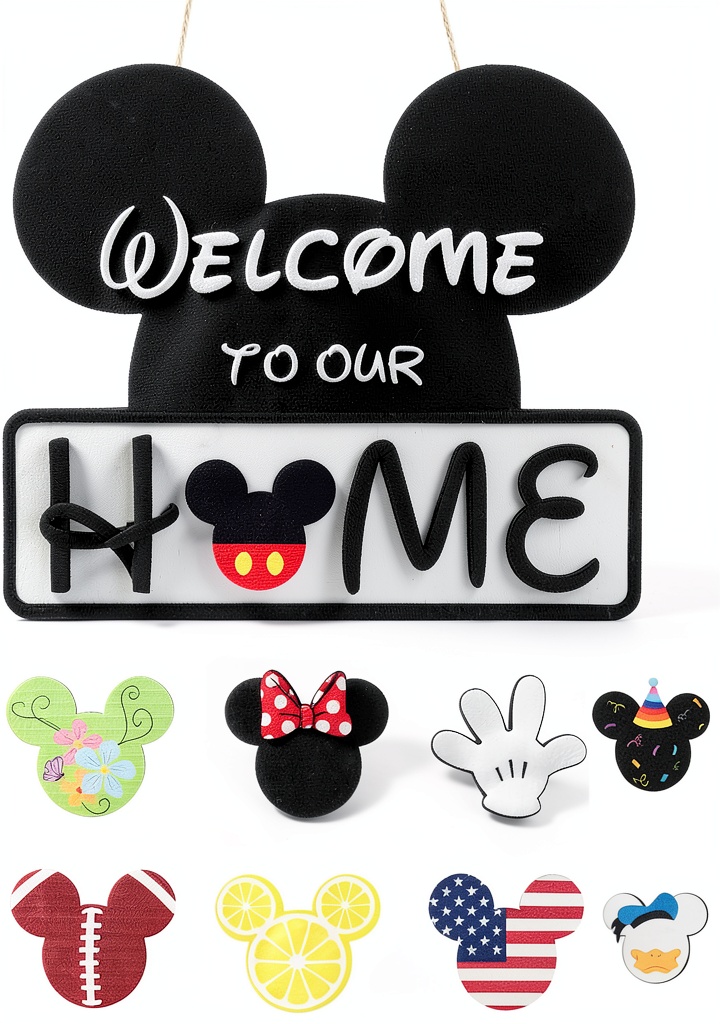 Interchangeable welcome sign mounted on a front door with seasonal icons